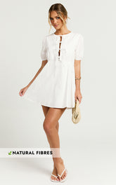 Hattie Mini Dress - Tie Front Puff Sleeve Dress in White